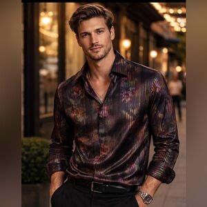 Men’s Justin Harvey dress shirt with multi color stripe pattern.